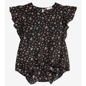 Monteau Girls Black Floral Tie-Front Ruffle Top